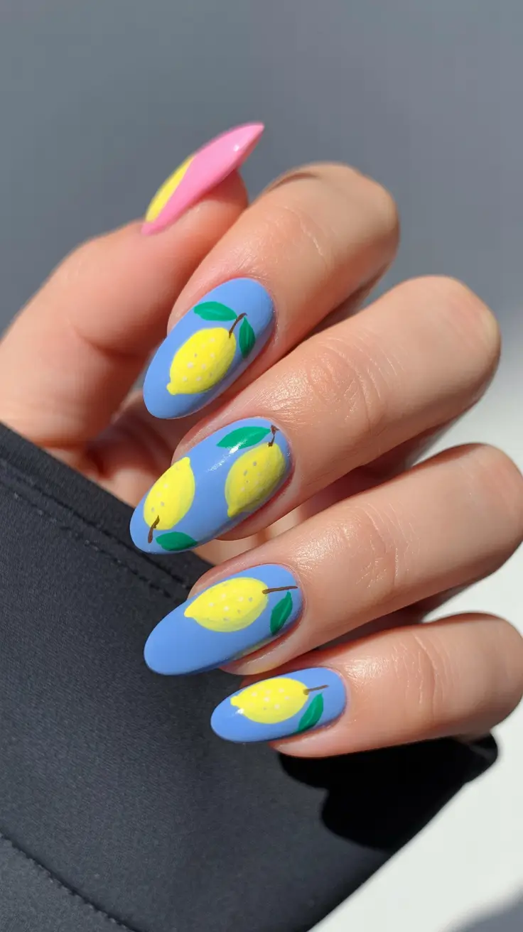 Cute Spring Nails Acrylic Designs 2026 Blue Lemon Art on Short Almond Nails