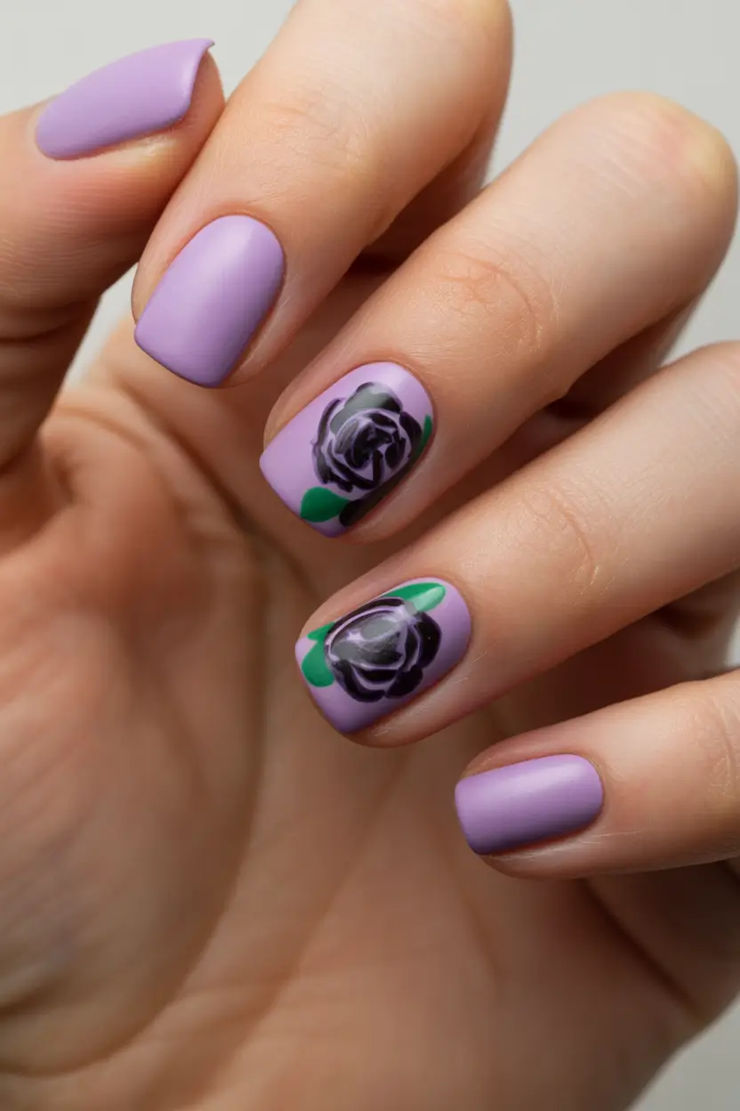 Cute Spring Nails Acrylic Designs 2026 Lavender Matte Nails with Black Rose Accents