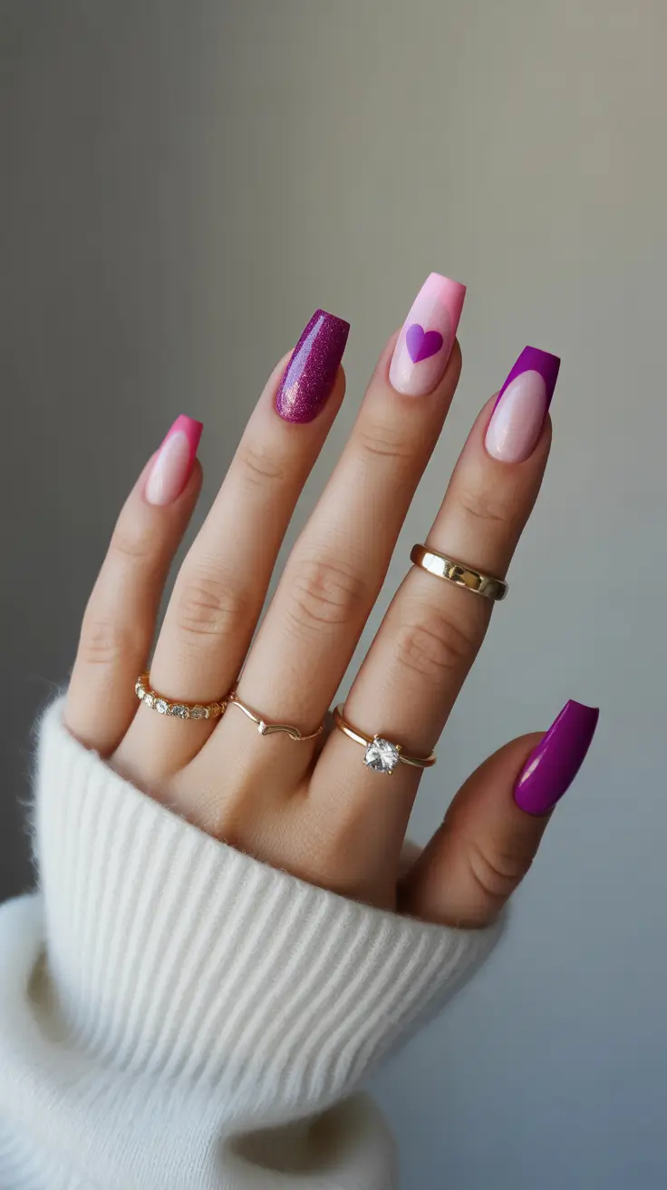 Cute Spring Nails Acrylic Designs 2026 Pink and Purple Coffin Nails with Heart Details