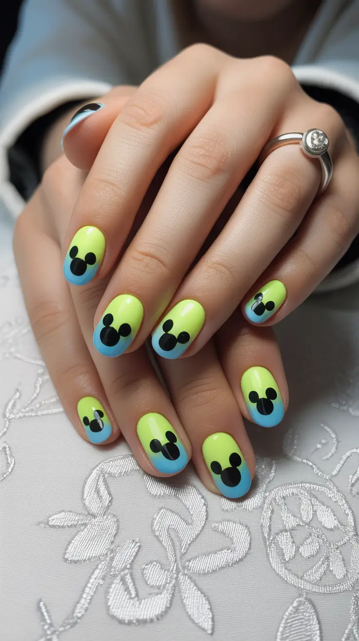 Cute Spring Nails Acrylic Designs 2026 Neon Green Cartoon-Inspired Nails for Fun Spring Energy