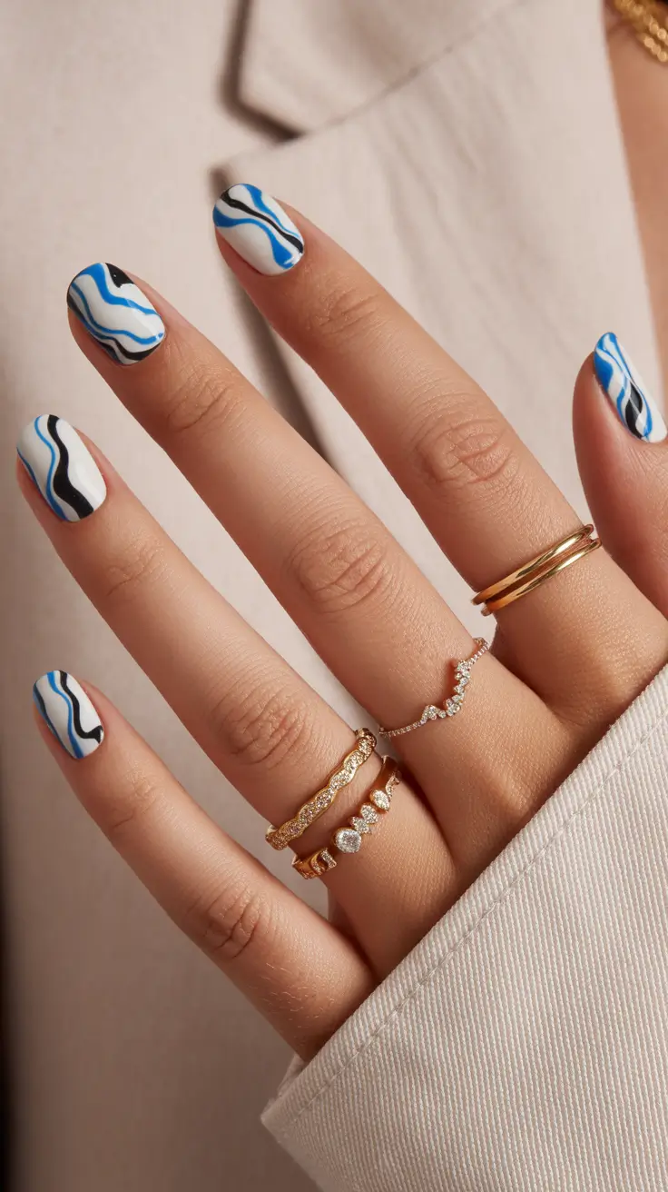 Cute Spring Nails Acrylic Designs 2026 Blue and Black Wave Nails with a Minimal Spring Edge