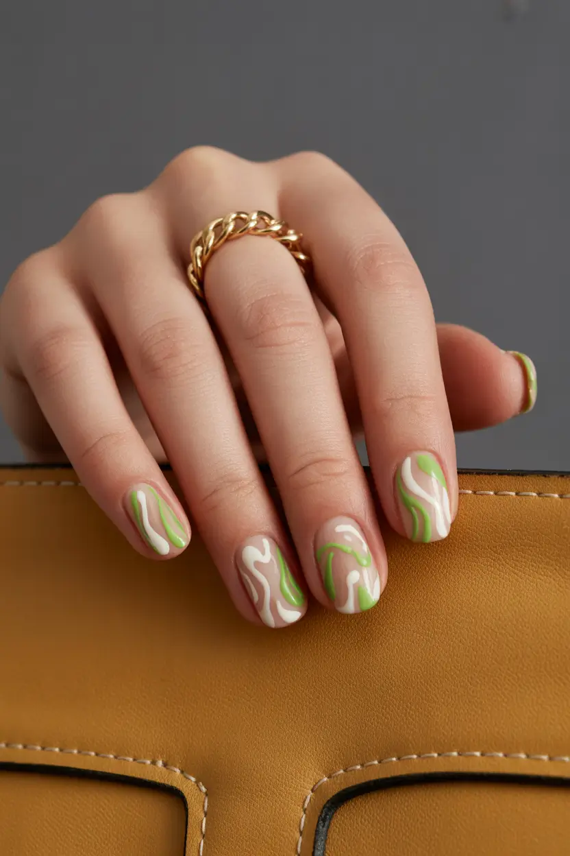 Cute Spring Nails Acrylic Designs 2026 Green Marble Short Nails with Soft Neutral Balance
