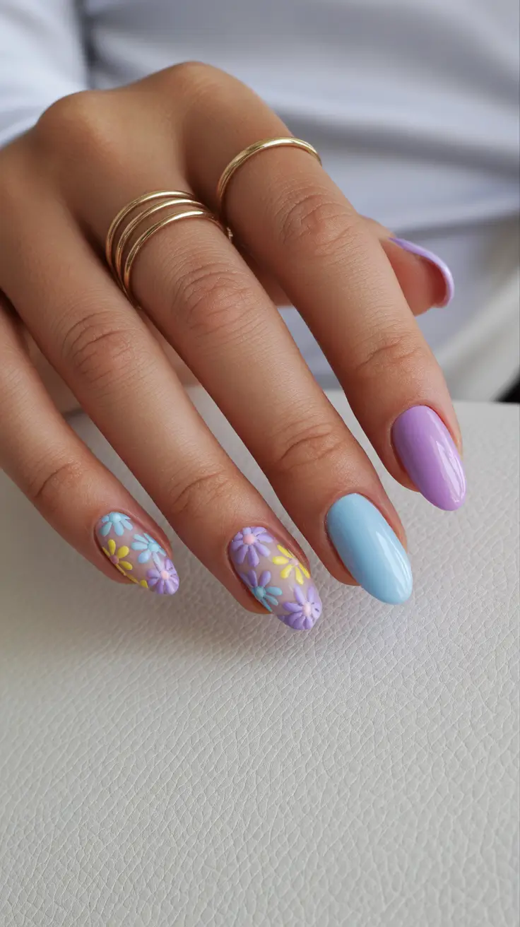 Cute Spring Nails Acrylic Designs 2026 Pastel Flower Almond Nails in Soft Spring Shades