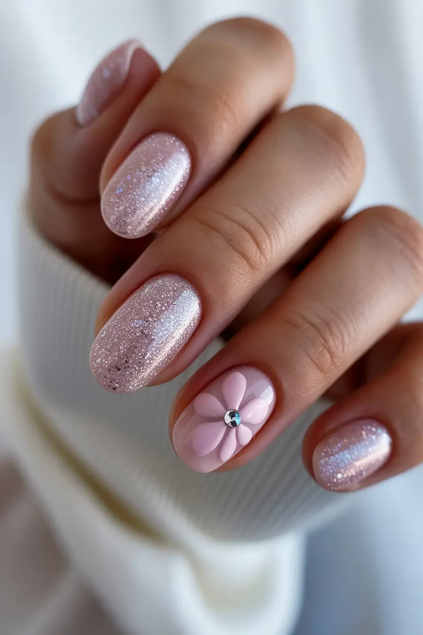 Cute Spring Nails Acrylic Designs 2026 Glitter Pink Nails with Elegant Floral Accent