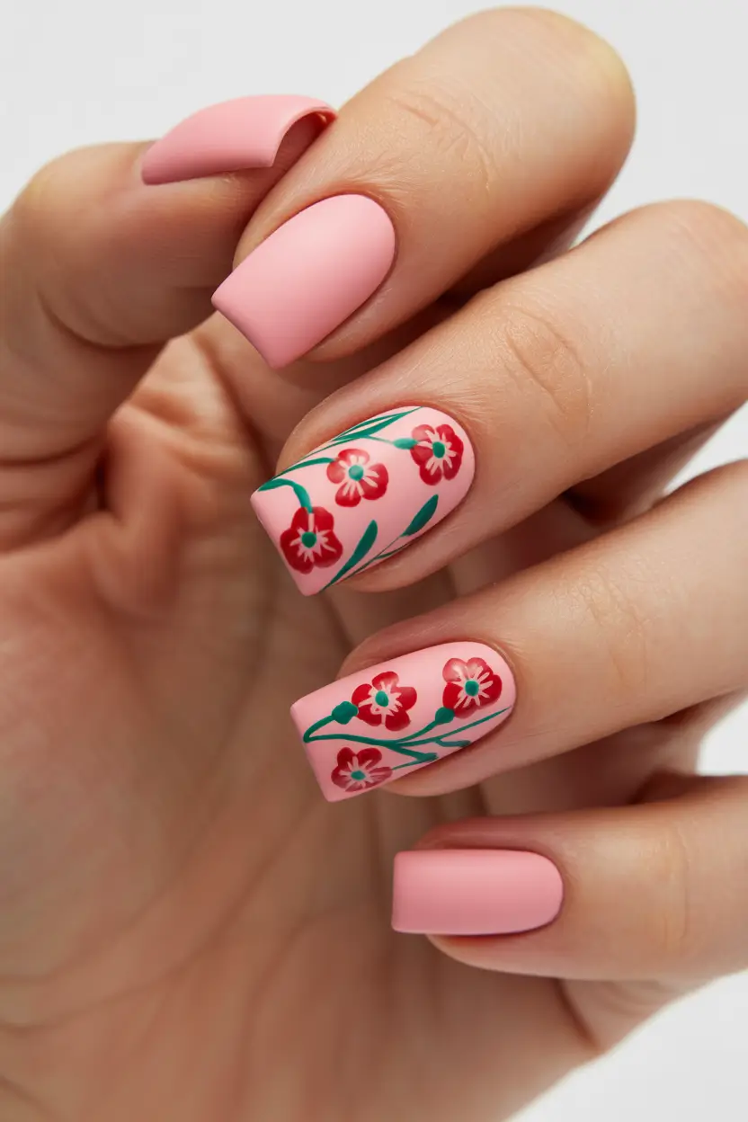 Cute Spring Nails Acrylic Designs 2026 Soft Pink Florals with Square Acrylic Elegance