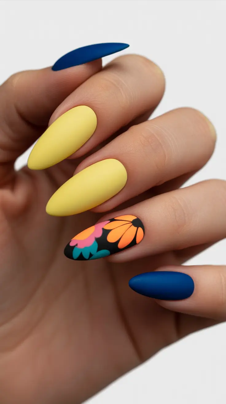 Cute Spring Nails Acrylic Designs 2026 Bold Yellow and Graphic Floral Almond Nails