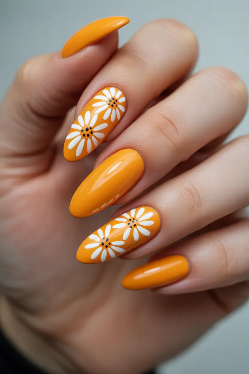 Cute Spring Nails Acrylic Designs 2026 Warm Orange Daisies for Sunny Spring Days