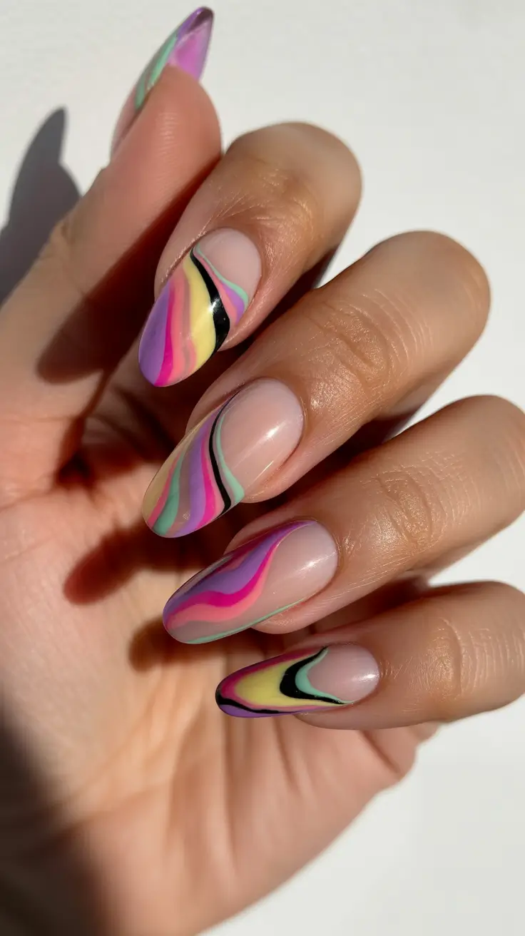 Cute Spring Nails Acrylic Designs 2026 Pastel Rainbow Waves on Glossy Almond Nails