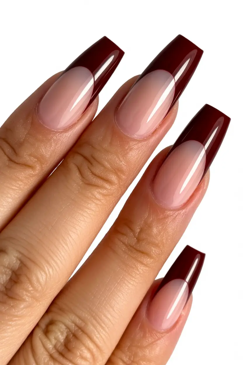 Cute Spring Nails Acrylic Designs 2026 Deep Burgundy French Tips on Nude Coffin Nails