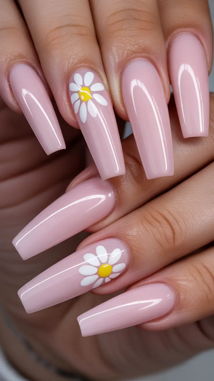 Cute Spring Nails Coffin 2026 Soft Pink Coffin Nails With Minimal Daisy Accent