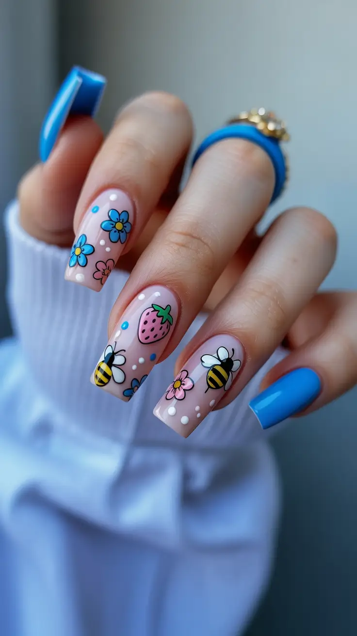 Cute Spring Nails Coffin 2026 Playful Spring Coffin Nails With Bees And Floral Art