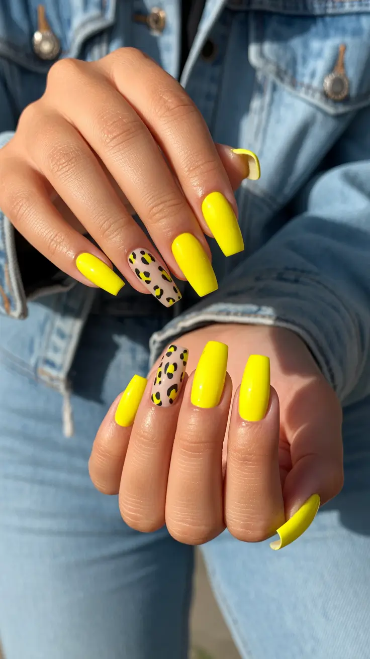 Cute Spring Nails Coffin 2026 Bold Yellow Coffin Nails With Graphic Leopard Accent