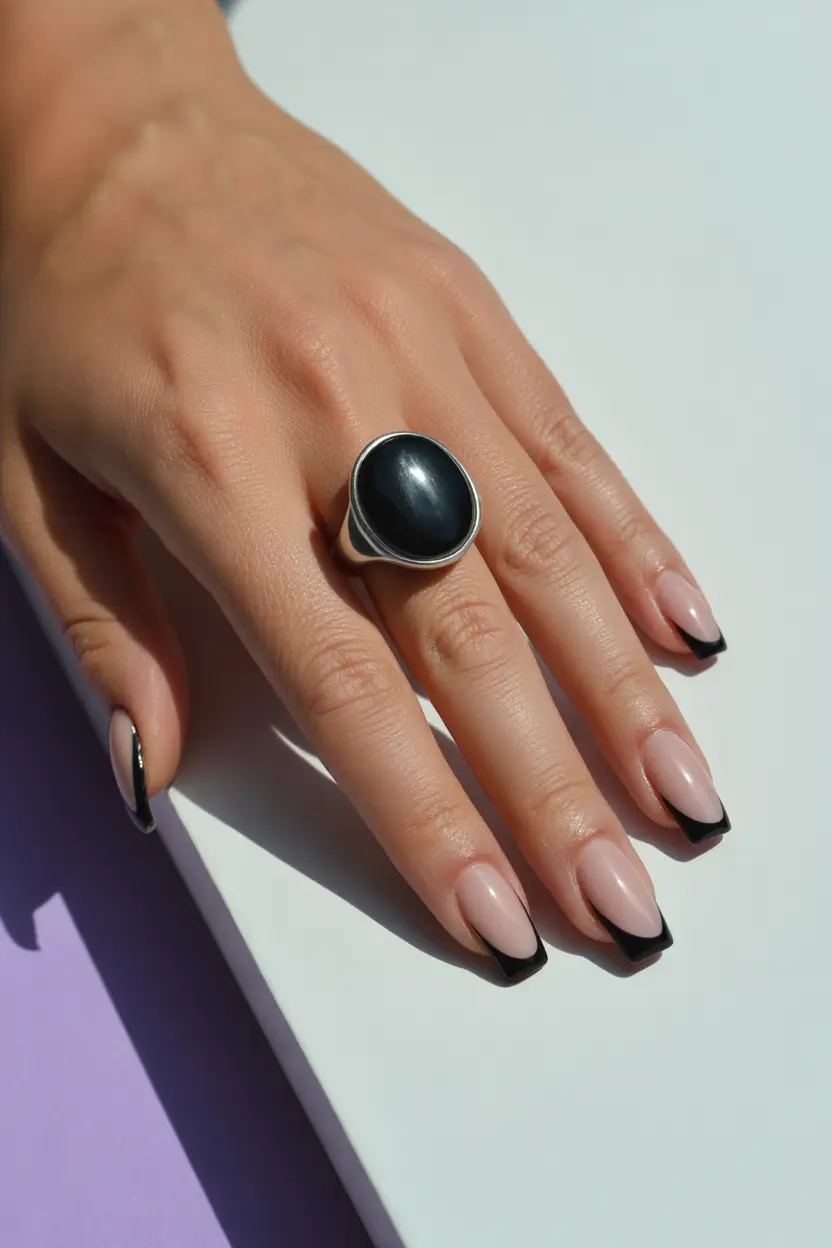 Cute Spring Nails Coffin 2026 Soft Nude Coffin with Graphic Black French Energy