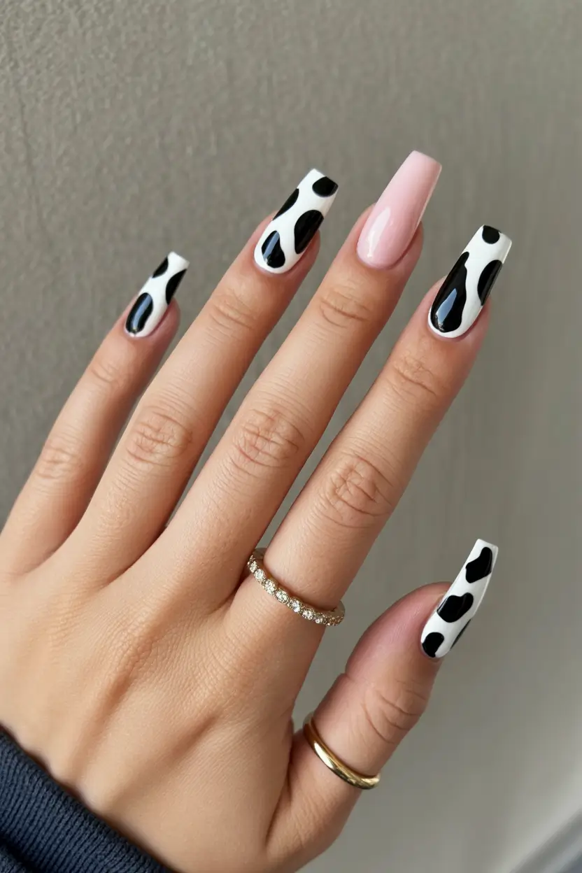 Cute Spring Nails Coffin 2026 Playful Black and White Cow Print Coffin Nails
