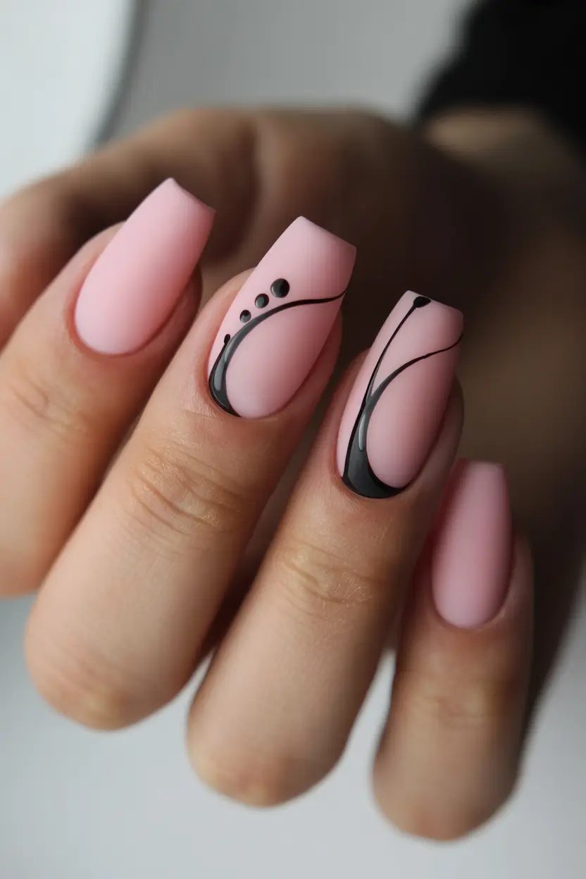 Cute Spring Nails Coffin 2026 Minimal Pink Coffin Nails with Graphic Black Lines