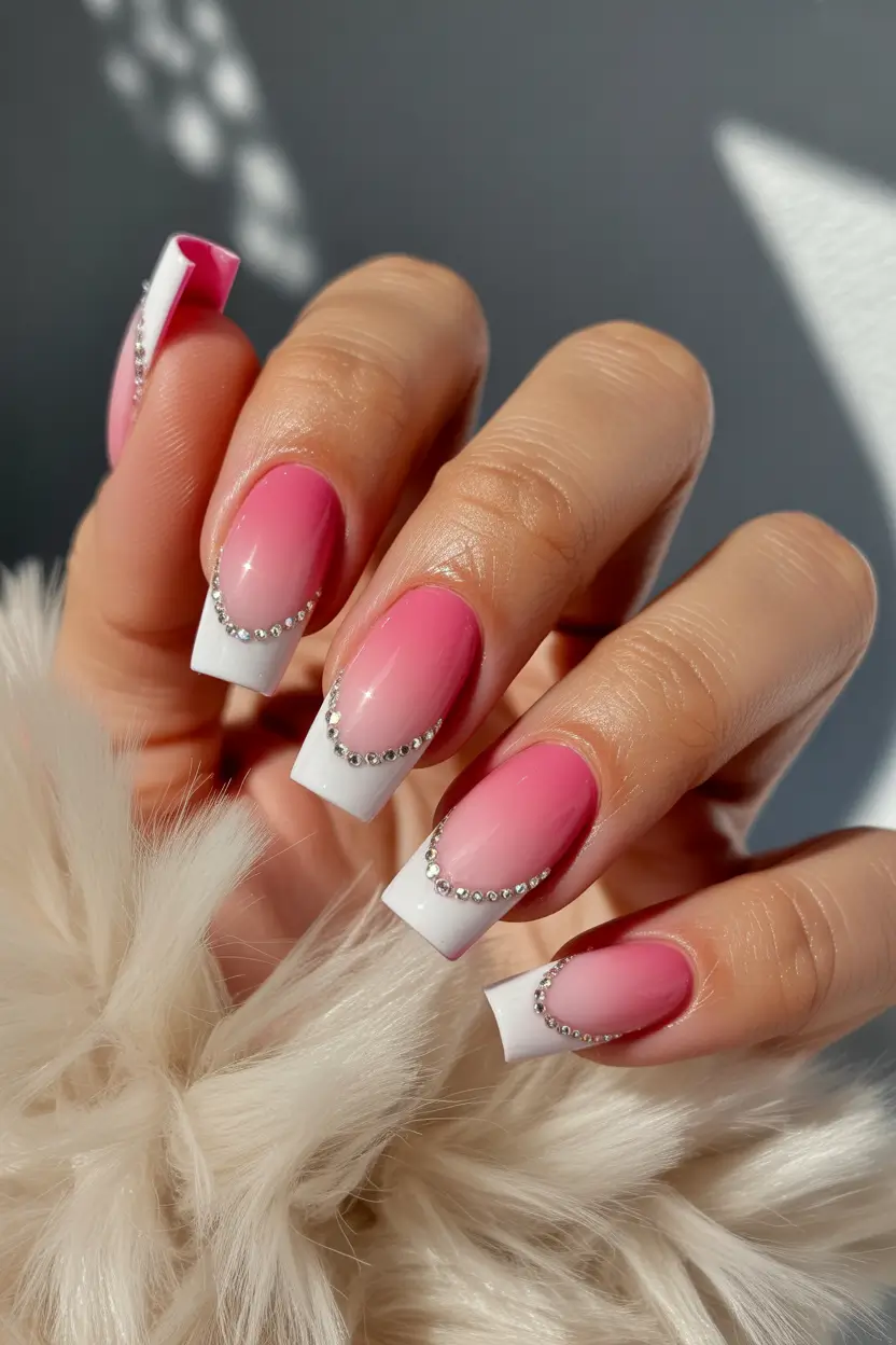 Cute Spring Nails Coffin 2026 Soft Glam French Coffin With Crystal Accents