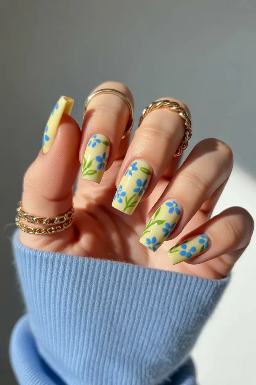 Cute Spring Nails Coffin 2026 Yellow Floral Coffin Nails That Feel Like Early Spring Sunshine