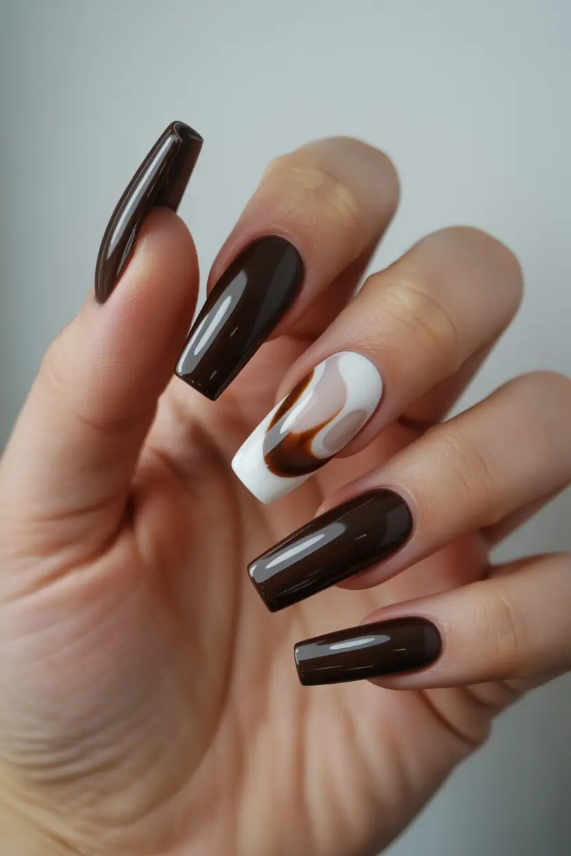 Cute Spring Nails Coffin 2026 Modern Chocolate Coffin Nails With Abstract Contrast