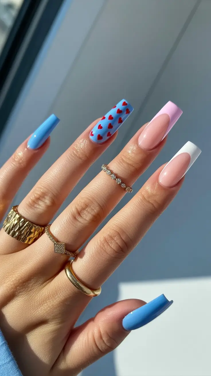 Cute Spring Nails Coffin 2026 Playful Blue And Pink Coffin Nails With Heart Accents