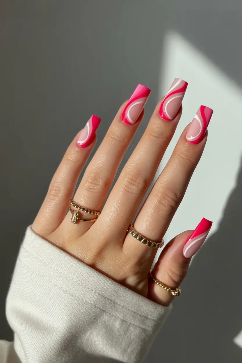 Cute Spring Nails Coffin 2026 Graphic Pink Swirl Coffin Nails For Modern Spring Style