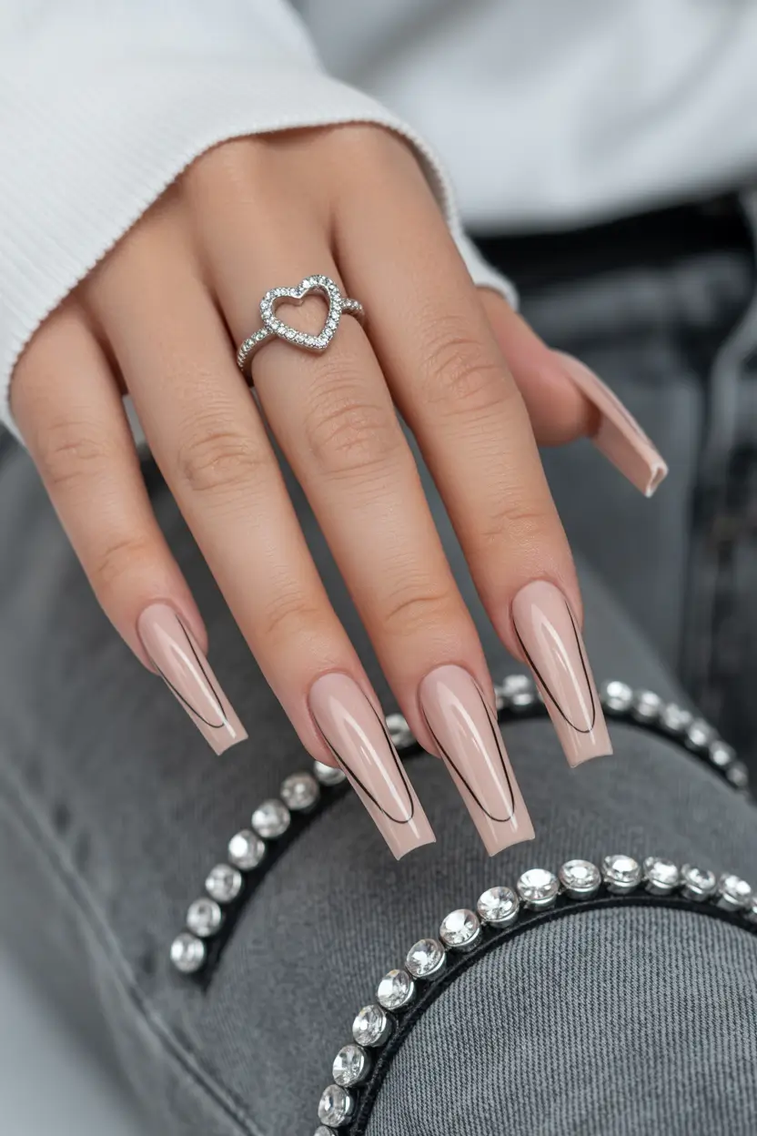 Cute Spring Nails Coffin 2026 Minimal Nude Coffin Nails With Fine Line Detail