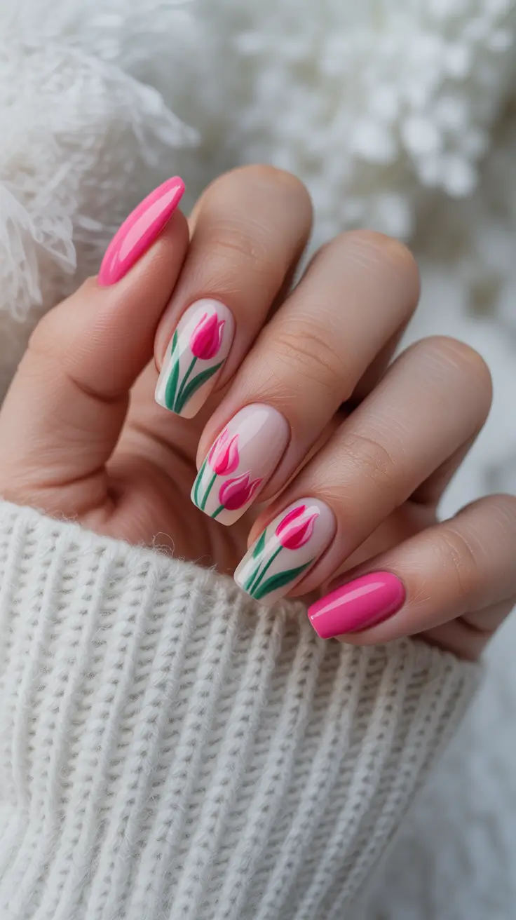 Cute Spring Nails Pink 2026 Soft Tulip Botanical Design