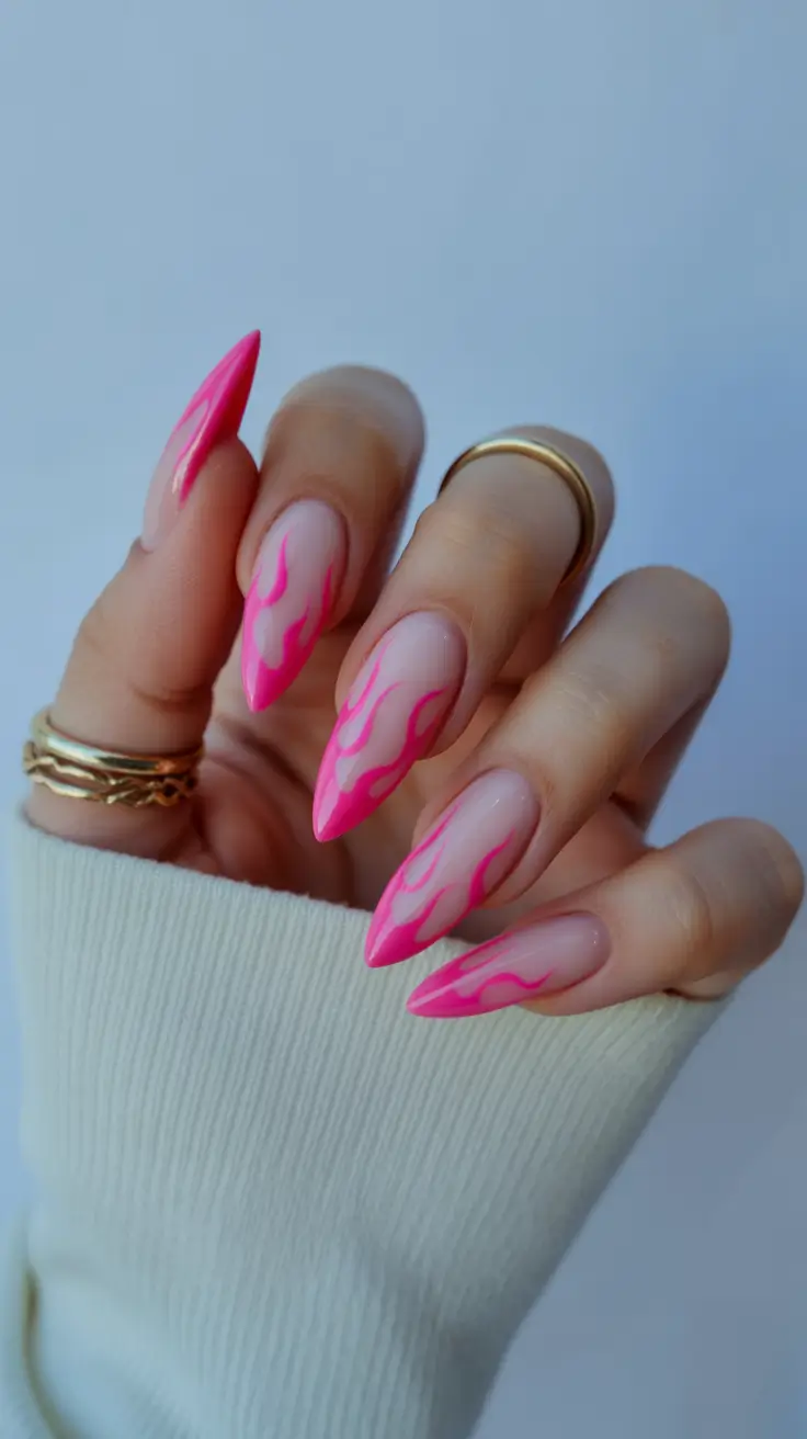 Cute Spring Nails Pink 2026 Hot Pink Flame Design