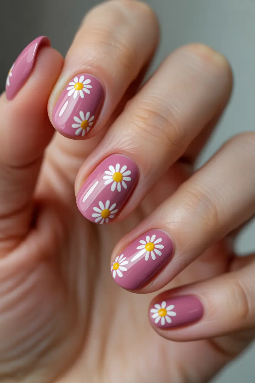 Cute Spring Nails Pink 2026 Dusty Pink Daisy Short Design