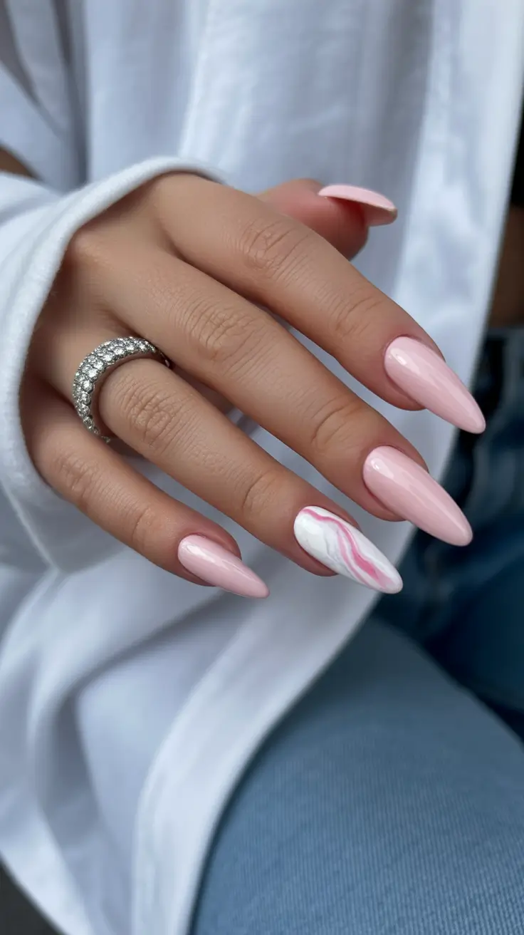 Cute Spring Nails Pink 2026 Blush Almond Marble Accent