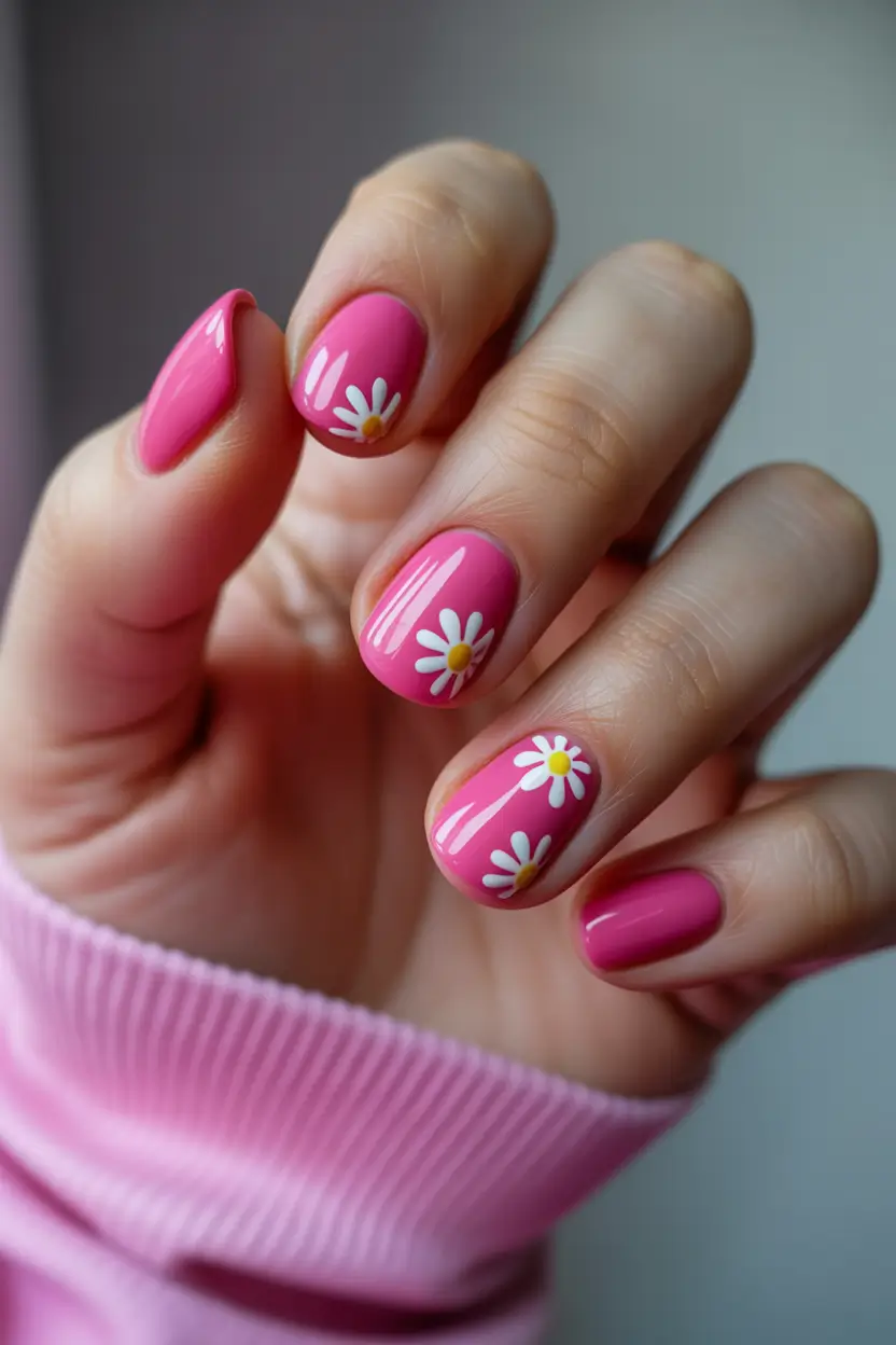 Cute Spring Nails Pink 2026 Pink Daisy Flower Design