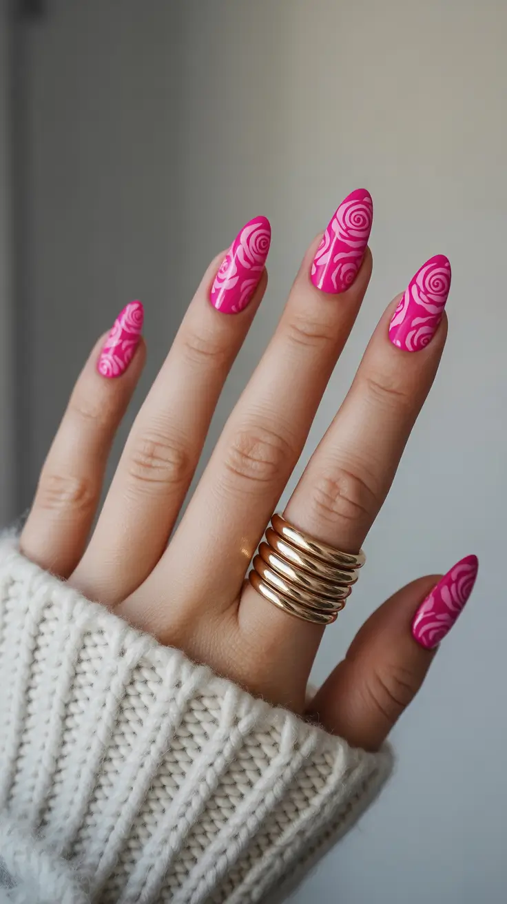Cute Spring Nails Pink 2026 Bold Rose Pattern Design