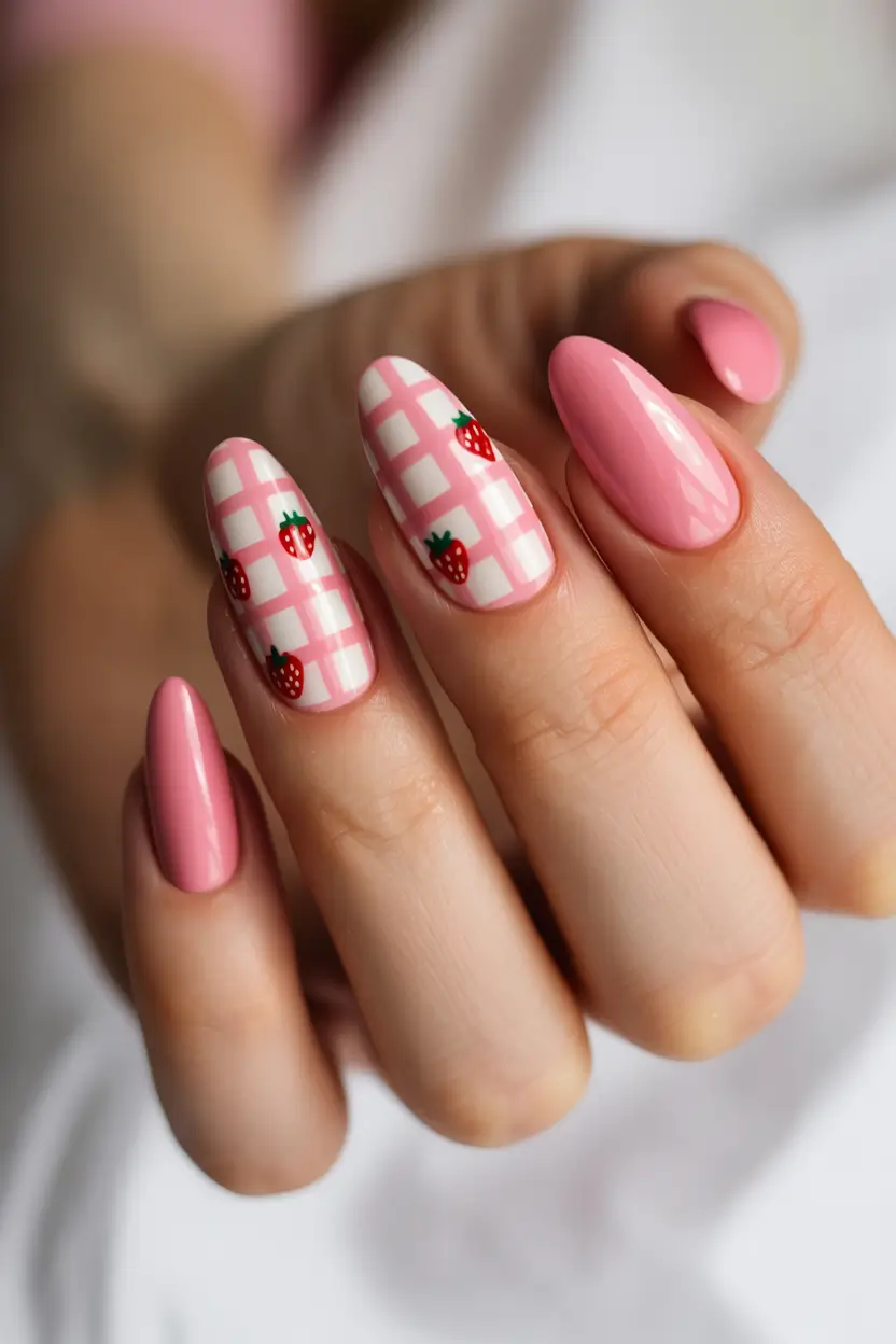 Cute Spring Nails Pink 2026 Pink Gingham Strawberry Design