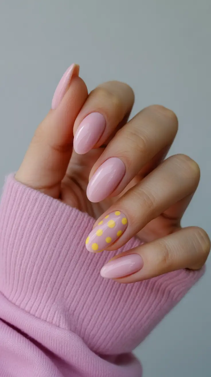 Cute Spring Nails Pink 2026 Soft Pink Yellow Polka Dot Design