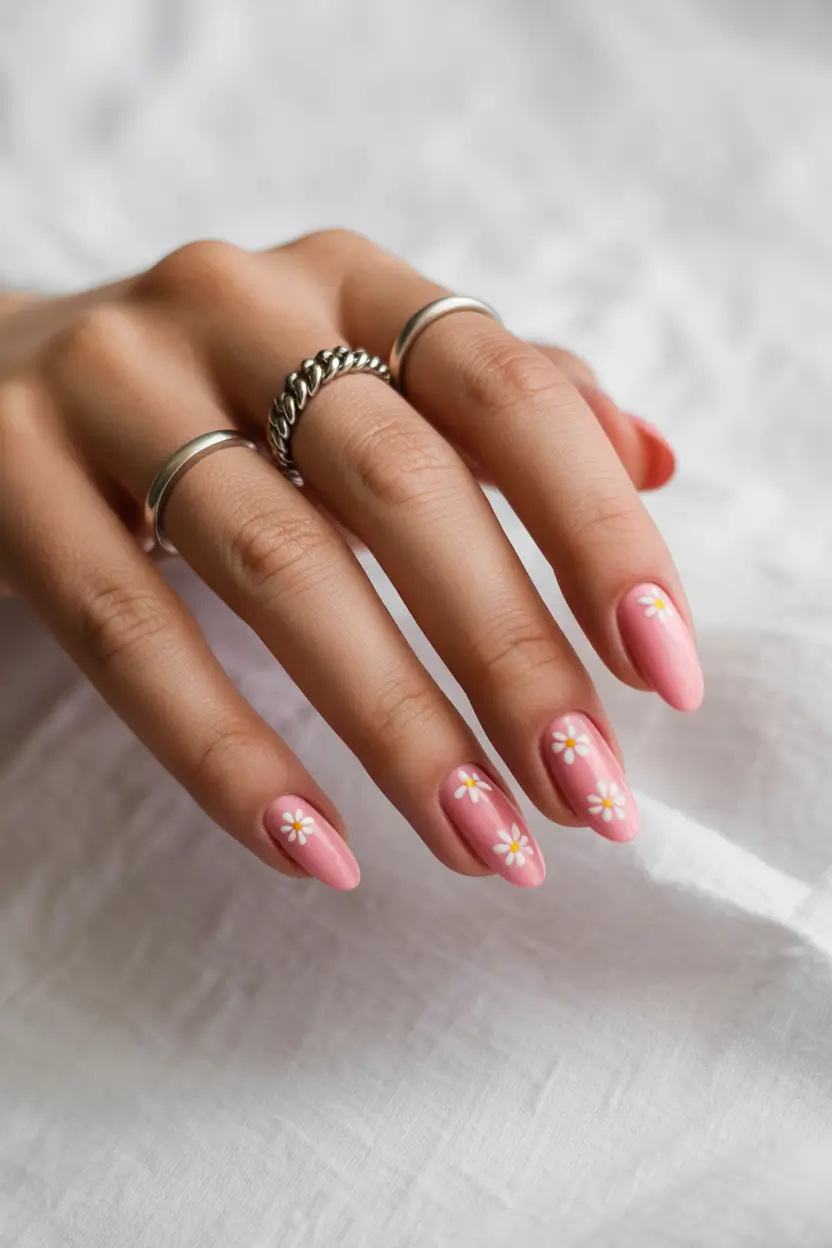 Cute Spring Nails Pink 2026 Pink Daisy Almond Design