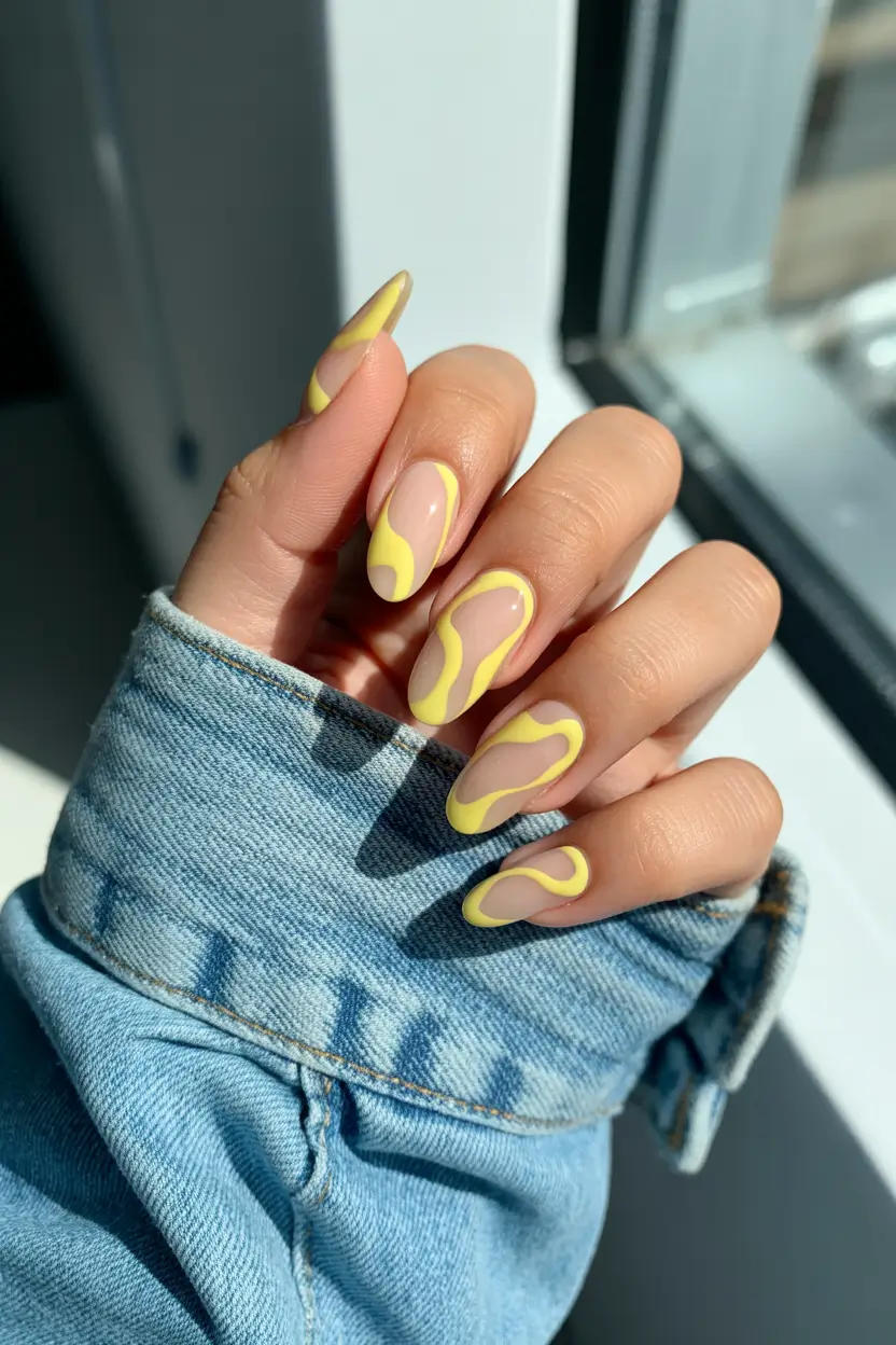 Cute Spring Oval Nails 2026 Yellow Wave