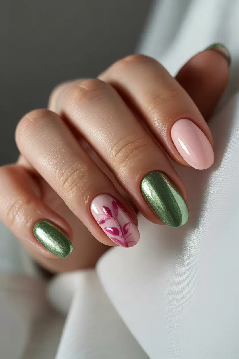 Cute Spring Oval Nails 2026 Green Chrome Floral