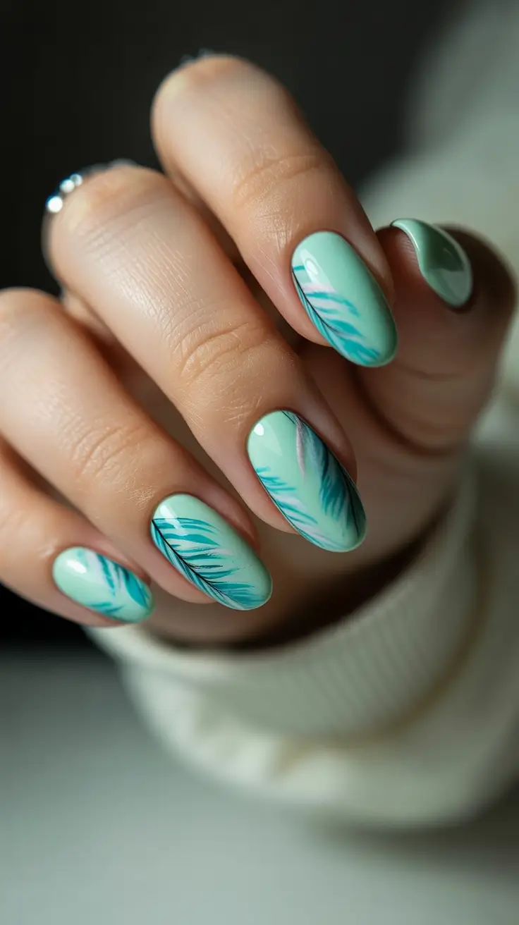 Cute Spring Oval Nails 2026 Mint Feather