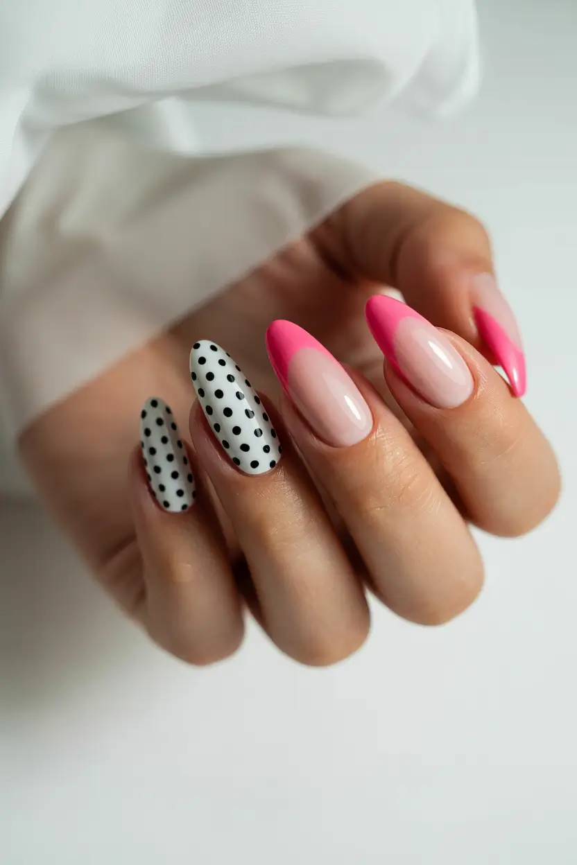 Cute Spring Oval Nails 2026 Playful Pink with Graphic Polka Energy