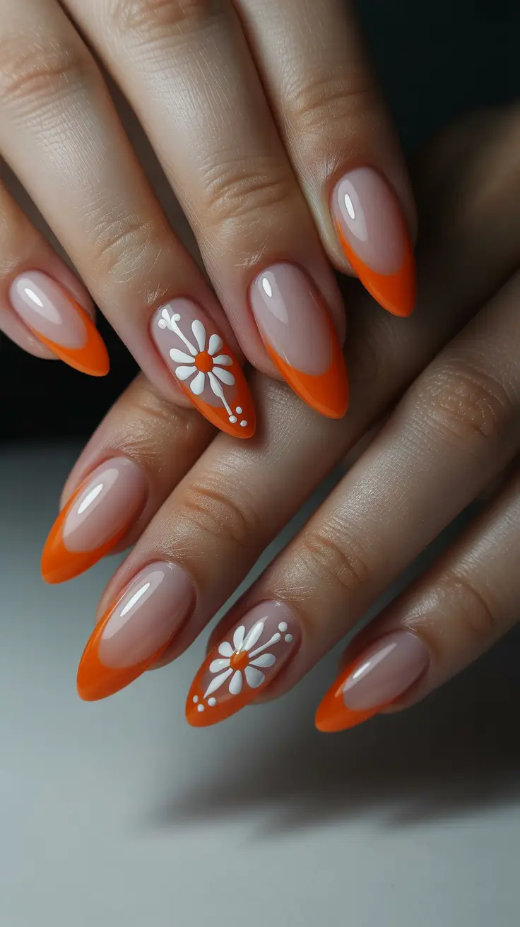 Cute Spring Oval Nails 2026 Fresh Orange French with Floral Detail