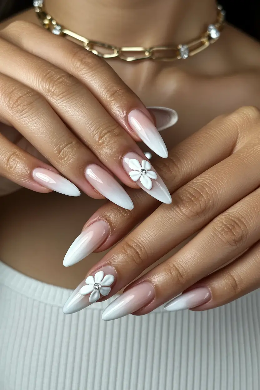 Cute Spring Oval Nails 2026 Milky White Ombre with Floral Accents