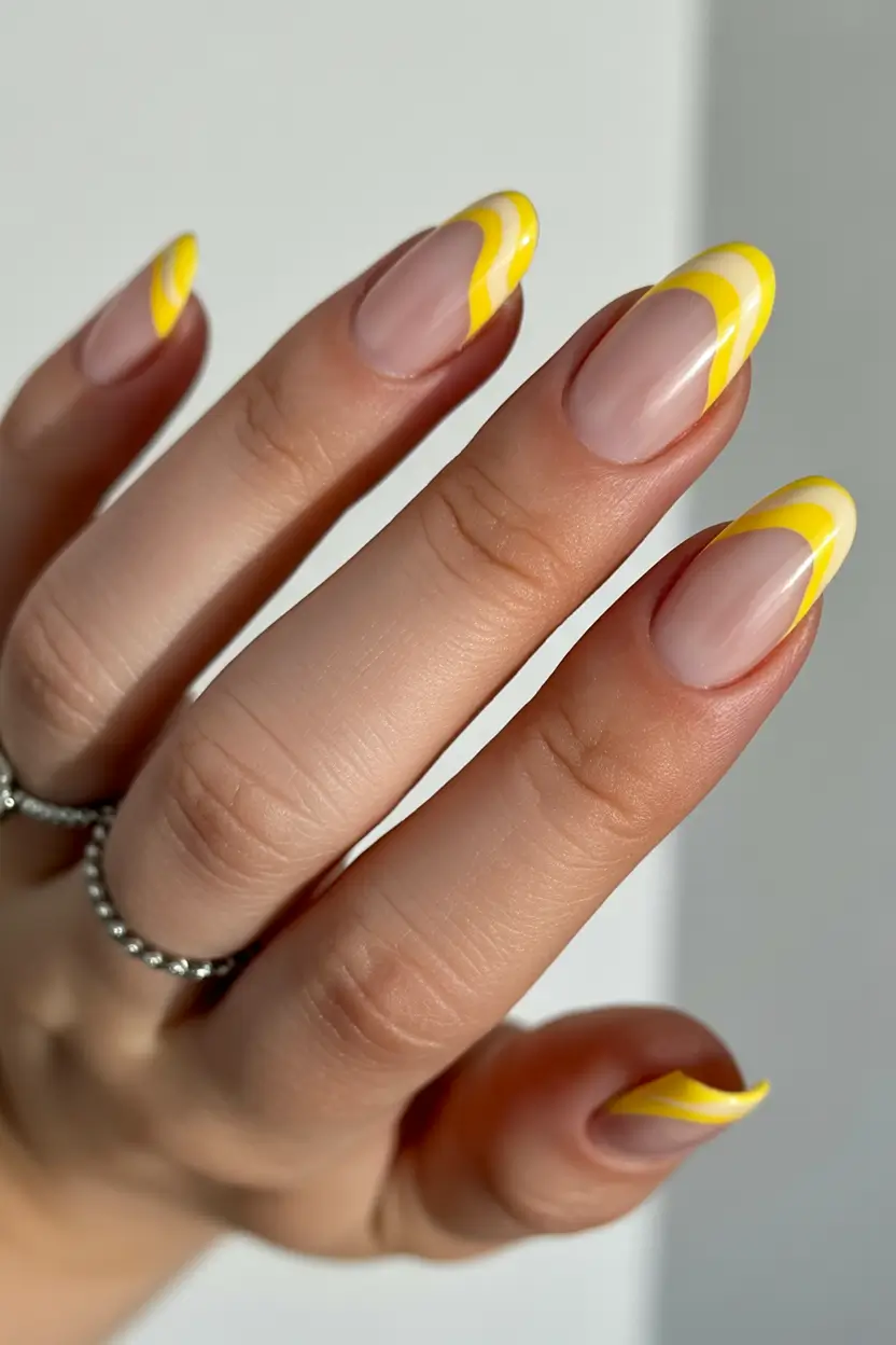 Cute Spring Oval Nails 2026 Yellow French Curve