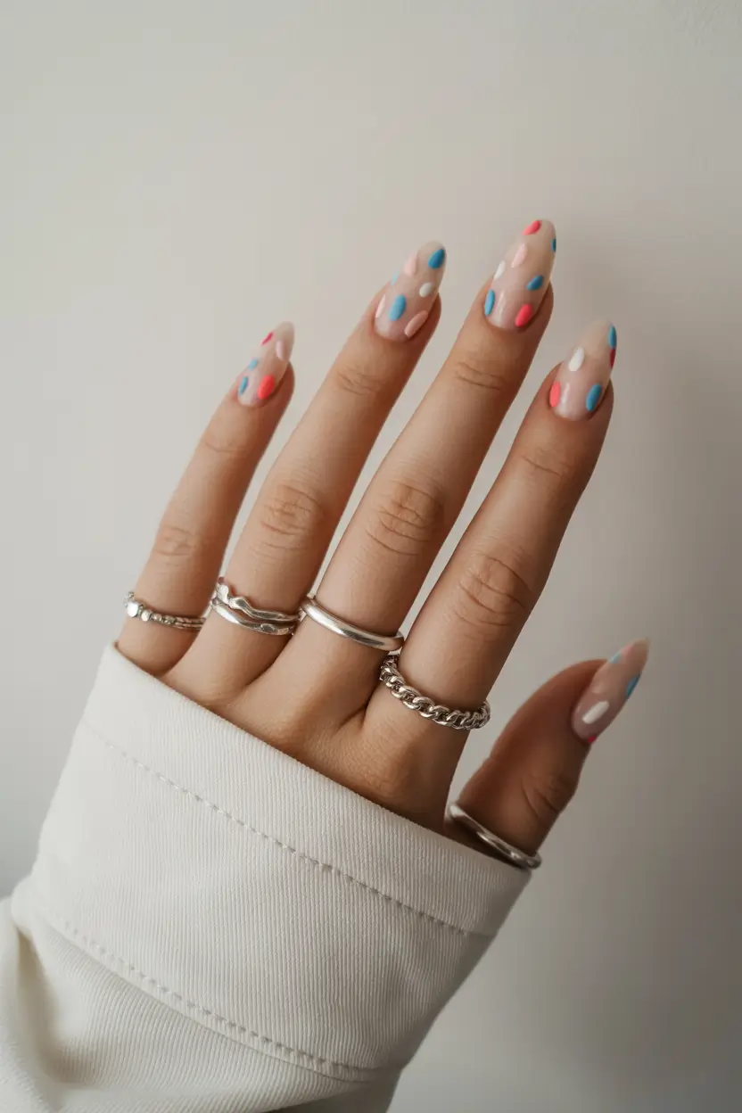 Cute Spring Oval Nails 2026 Soft Nude with Color Dots