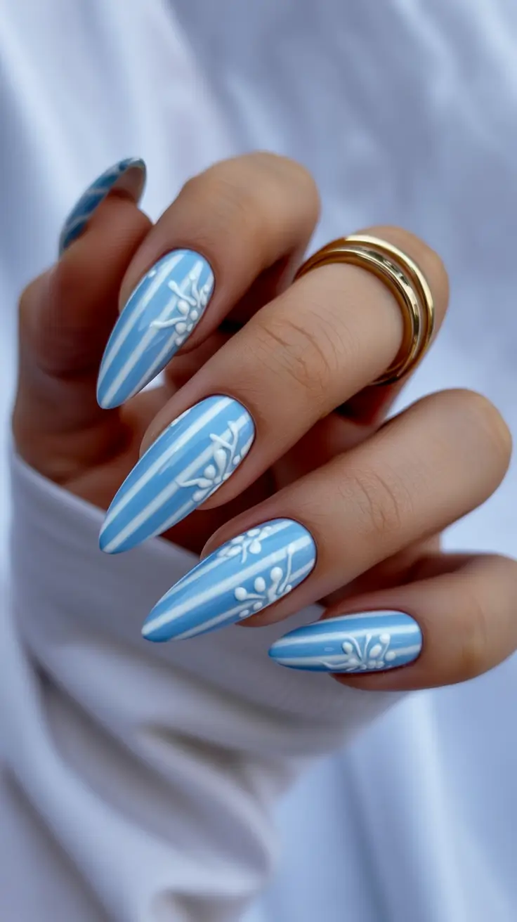 Cute Spring Oval Nails 2026 Blue Botanical Design