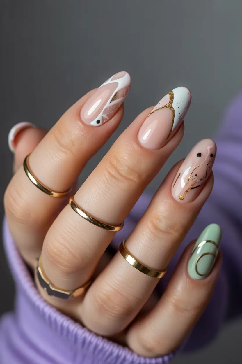 Cute Spring Oval Nails 2026 Neutral Gold Accents