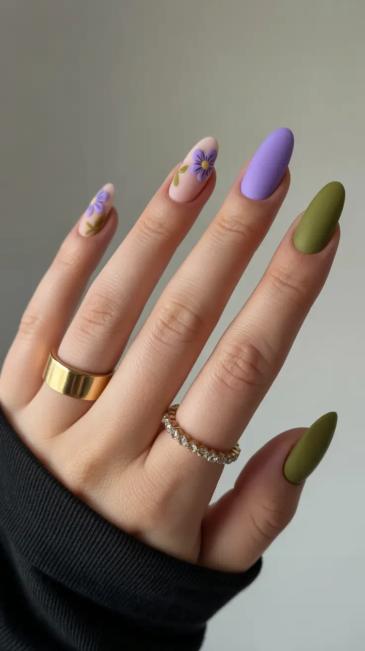 Cute Spring Oval Nails 2026 Green Purple Floral