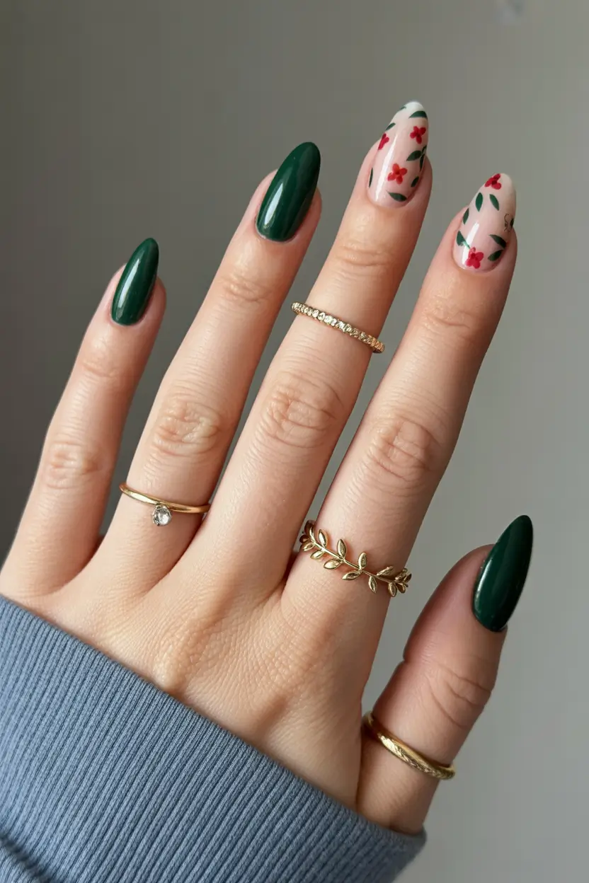 Cute Spring Oval Nails 2026 Deep Green Floral