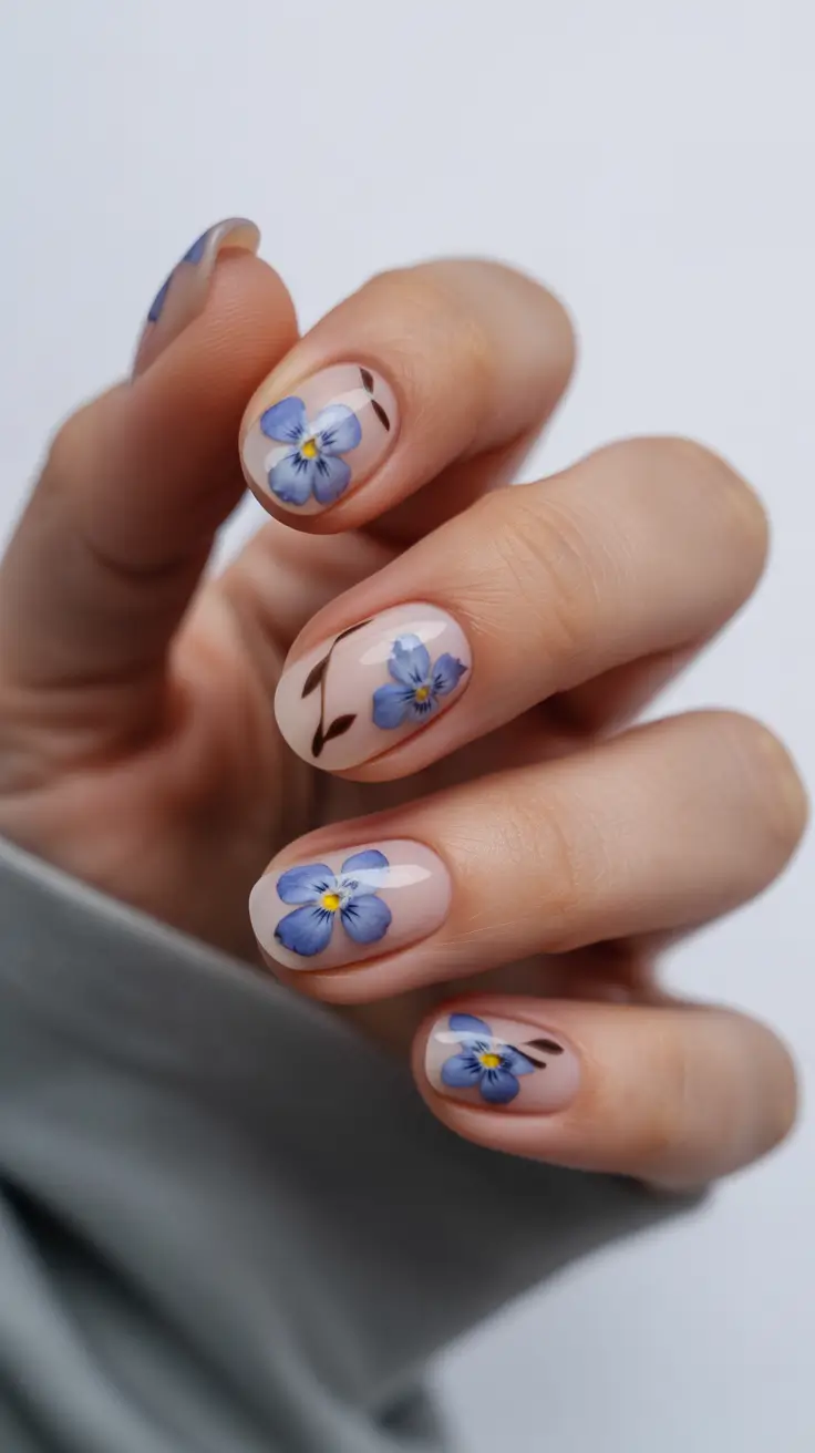 Cute Spring Oval Nails 2026 Blue Floral