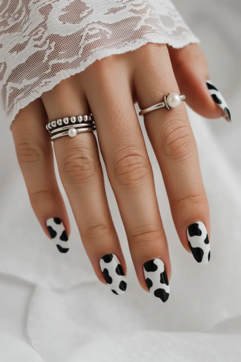 Cute Spring Oval Nails 2026 Black White