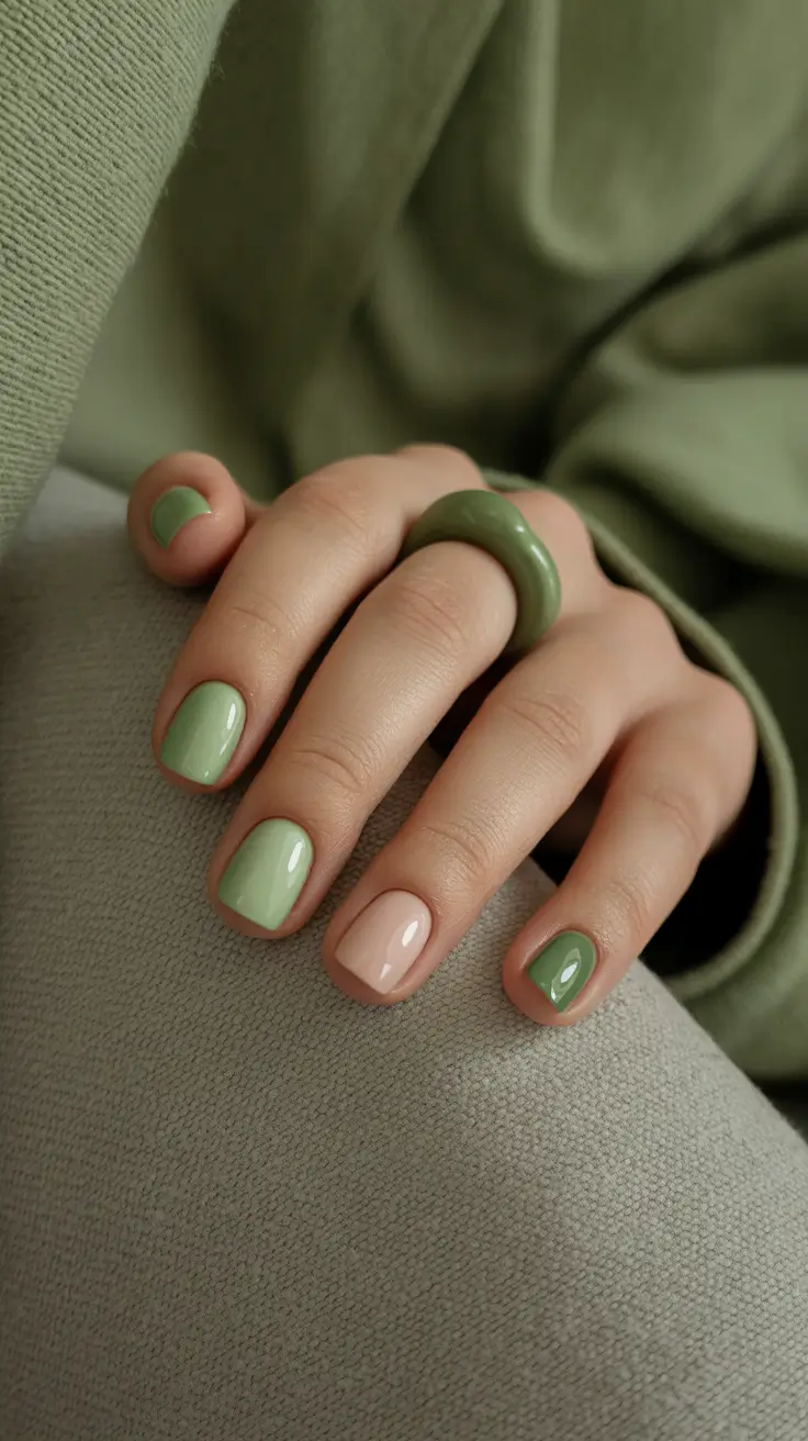 Cute Spring Short Nails For 2026 Muted Sage Green Minimal Spring Set