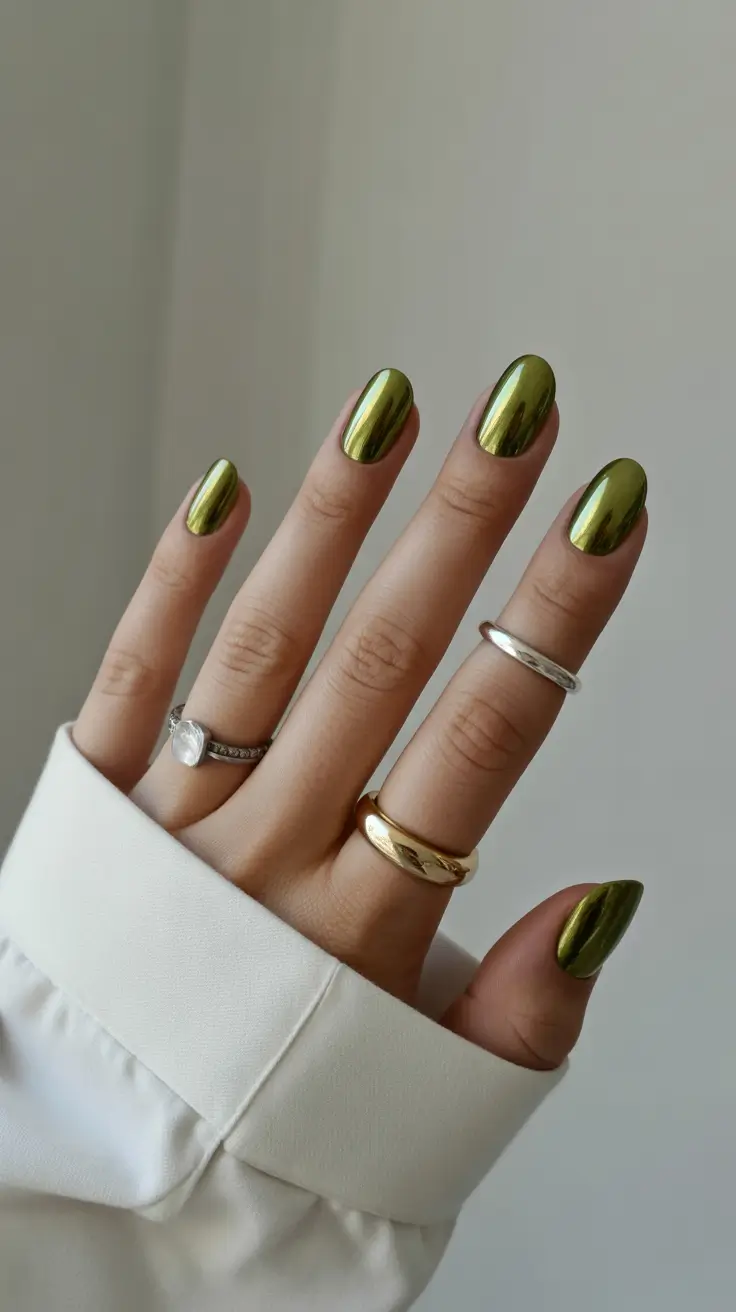 Cute Spring Short Nails For 2026 Chrome Green Minimalism That Feels Like Early Spring Energy